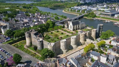 Angers castle in Loire Valley, France. Aerial drone panoramic view