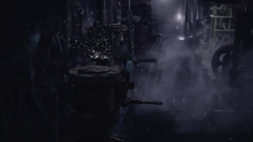 Mysterious Industrial Setting with Sparks Flying and Smoke Engulfing Machinery