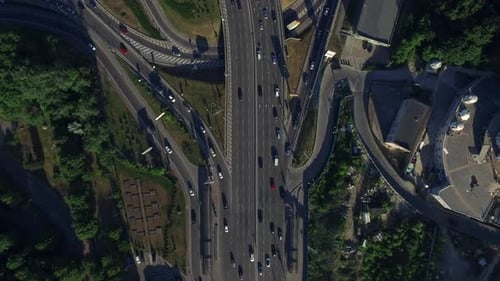 Drone View Cars Driving on Freeway Overpass in Modern City. Car Traffic