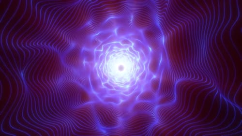 Abstract blue purple energy tunnel made of lines and dots of particles, tunnel glowing shiny