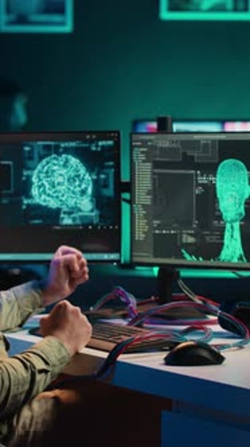 Vídeo vertical: Un hombre utiliza un dispositivo neurocientífico para transferir la conciencia escribiendo un código