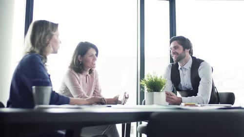 A Group of Business People with Laptop Sitting in an Office, Talking