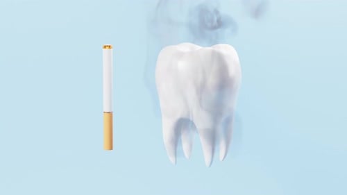 Dentes humanos e tabagismo, higiene bucal, renderização 3D.