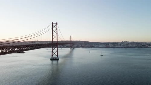 Aerial view of April 25th bridge crossing the Tagus river in Lisbon, Portugal.
