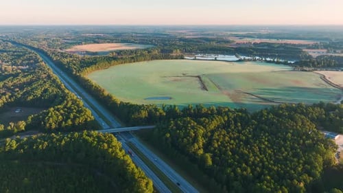 Aerial View of Busy American Highway with Fast Moving Traffic Interstate Transportation Concept