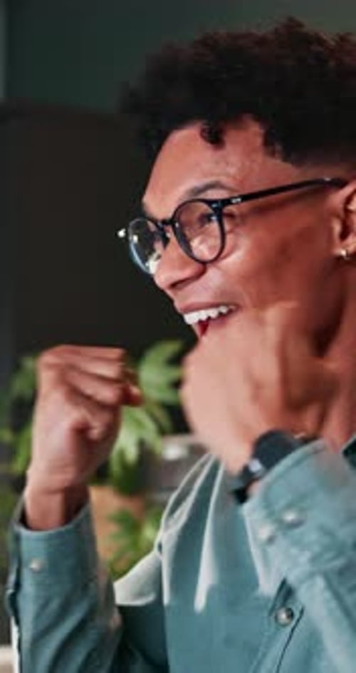 Fist pump, smile and web development with programmer man in office at night for celebration