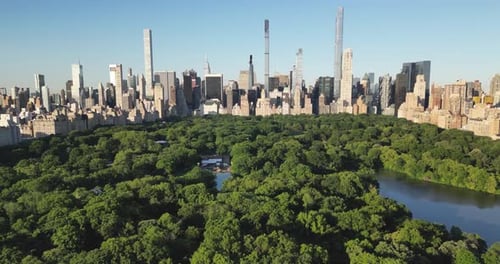 Drone shot of Central Park and Billionaires' Row in New York City, USA