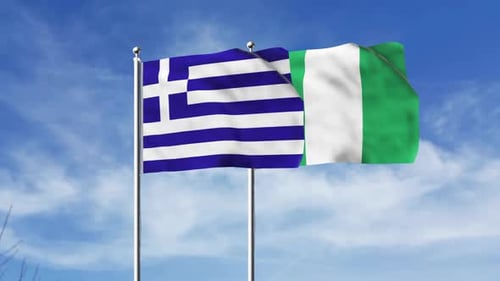Greece and Nigeria National Flags Waving Against Blue Sky