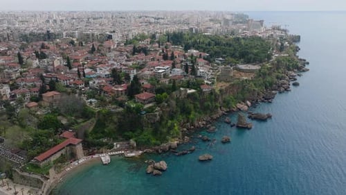 Aerial Panoramic View of City at Sea Coast Houses in Old Town District at High Rocky Slope Above