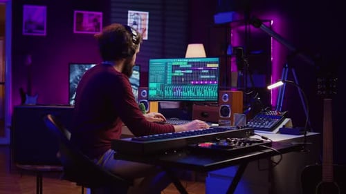 Audio Engineer Doing Recording Session with Piano Keyboard in Home Studio