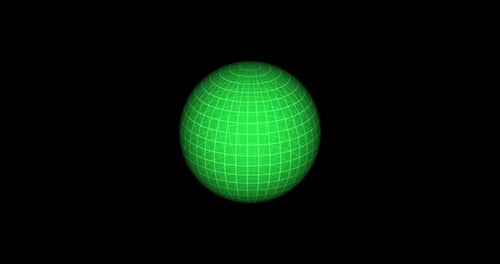 Tilted Futuristic Green Hologram Sphere With A Grid Slowly Rotates Against Black Background