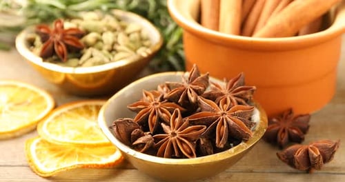 Aromatic star anise spice in small bowl