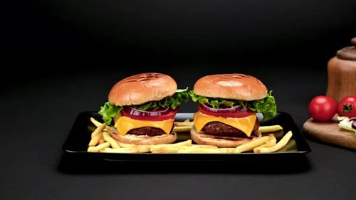 Two Tasty Hamburgers with French Fries on Plate