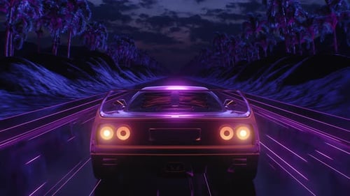 Loop Car and Background Neon Retro Wave 80s Style