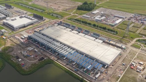 Aerial panorama of Eemshaven data center infrastructure, Netherlands