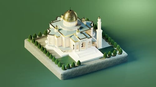 Isometric View of Mosque with Minaret and Green Park Model 3d Isometric Loop