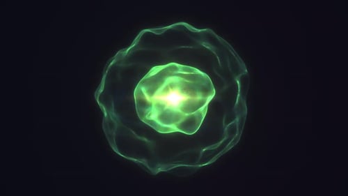 Glowing green luminous energy sphere with fluid plasma surface radiating futuristic cosmic light