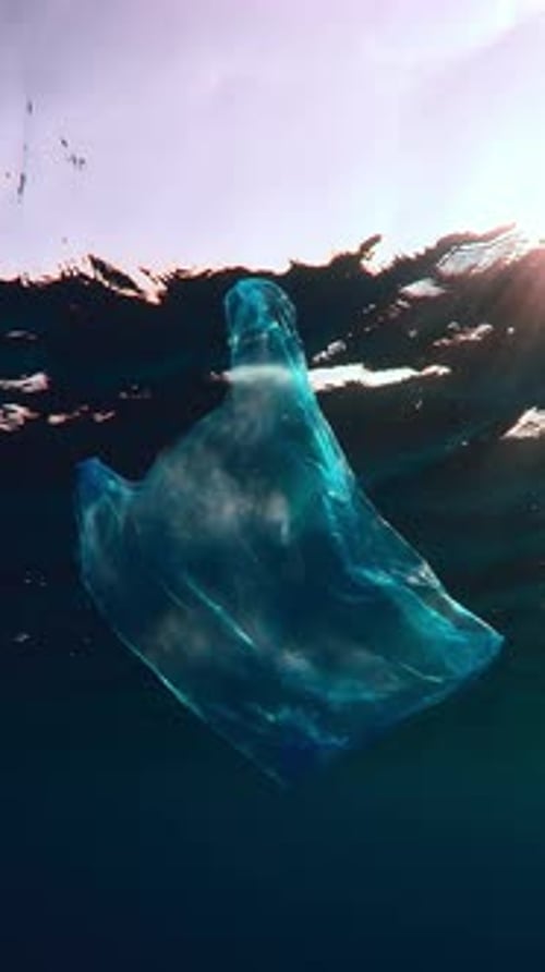 bolsa de plástico azul transparente que flota sobre la superficie del agua reflejada en ella