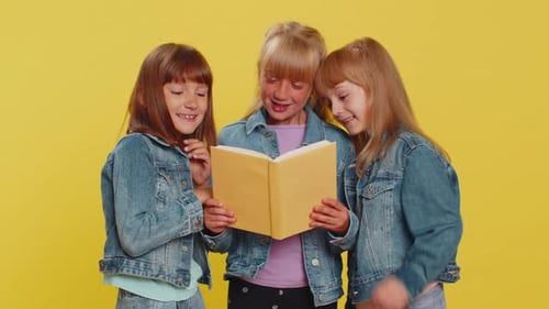 Three Girls Siblings Friends Reading Funny Interesting Fairytale Story Book Leisure Hobby Education
