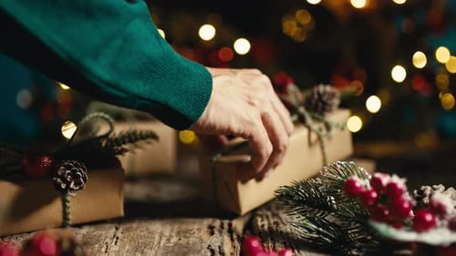 Hand Placing Christmas Gifts Under Sparkling Tree