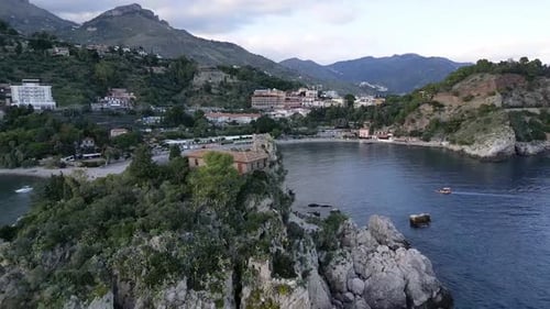 Hillside Village And Mediterranean Scenery In Taormina, Sicily, Italy - Drone Shot