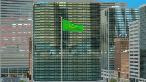 Mauritania National Flag Waving Over Modern City