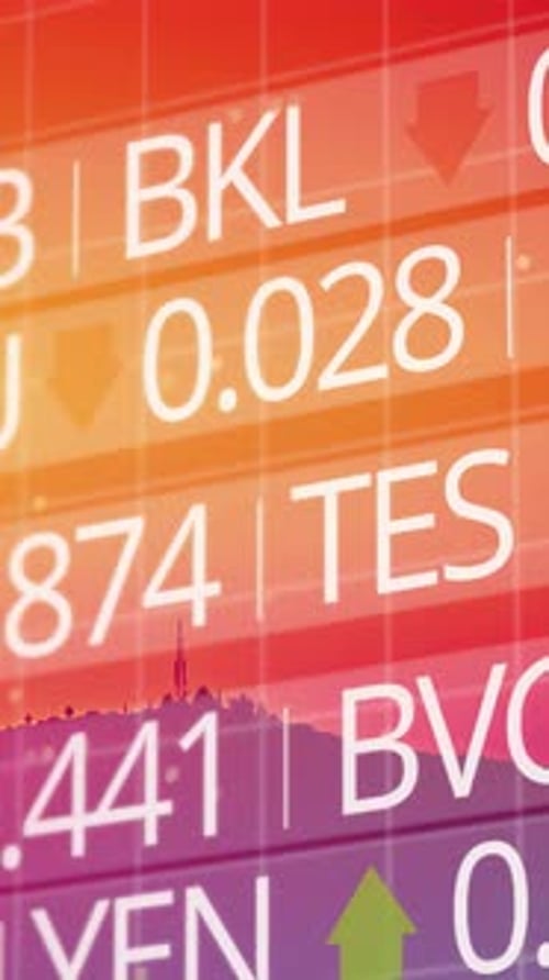 Stock Market Data Animation Over Sunrise View Vertical