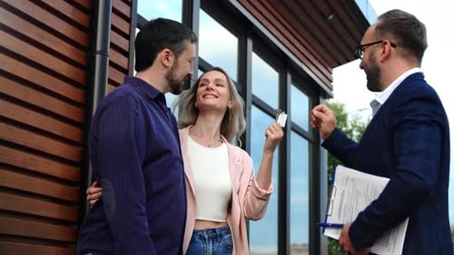 Happy Couple Family Received Keys Real Estate Agent Buying Countryside House Mortgage Banking Loan