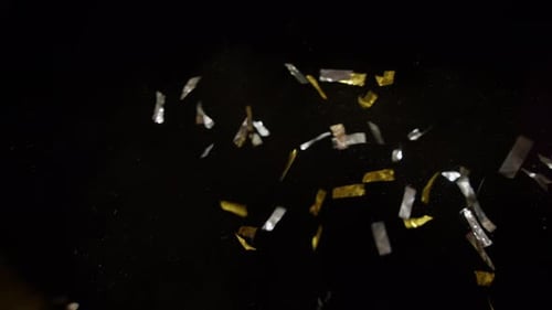 Gold and Silver Confetti Falling on Black Backdrop