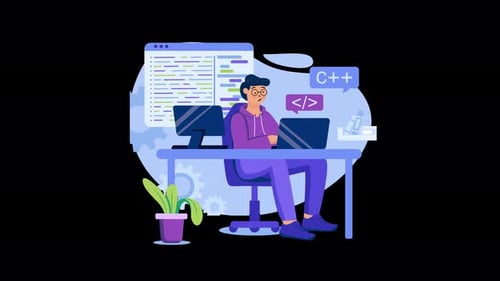 A young man coding in a modern workspace with plants