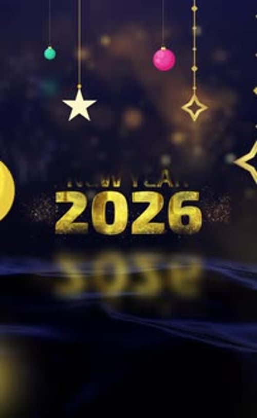 New Year Celebration Text Reveal with Hanging Decorative Ornaments