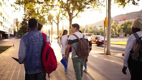 Rear View of Multiethnic Young Friend Secondary School Pupils with Backpacks Walking