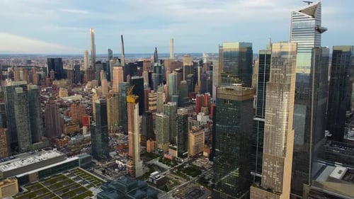 Aerial panorama in front of skyscrapers in Hudson Yards, fall sunset in NYC