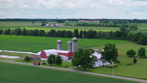 American Agricultural Landscape Farm Barn and Silos in Rural Ohio USA