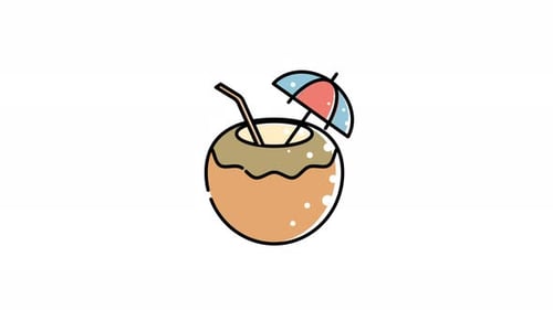 Animationsikone der Kokosnuss mit einem Strohhalm und einem Regenschirm.