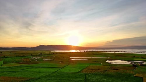 Marshland landscape with beautiful sunrise in horizon, aerial view