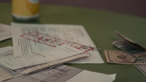 Unpaid Past Due Bills and Us Dollar Banknotes Lying on Desk
