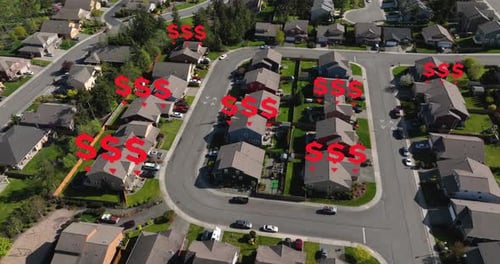Aerial view of residential houses losing value after the latest market crash.