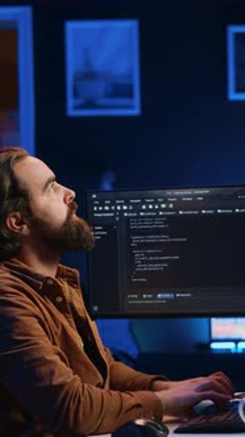 IT-Administrator denkt nach und trinkt Kaffee, während er früh am Morgen am PC arbeitet