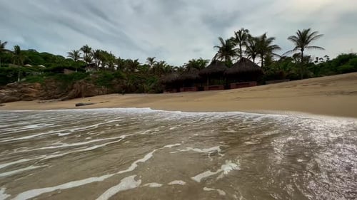 Gentle ocean waves washing onto a quiet tropical beach with palm trees and seaside huts, creating a
