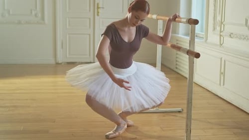 Graceful Ballerina Practicing at the Barre in Studio
