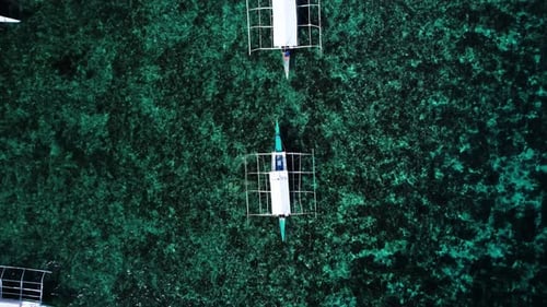 Fishing Boats with Tourists Moving Over a Coral Reef in Clear Blue Waters