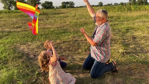 Grandfather and Children Fly Kite in Field