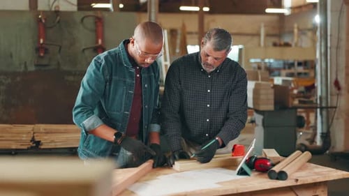 Carpentry, teamwork and men for woodwork in workshop for furniture production, planning and meeting
