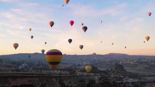 Hot air balloon flight in Goreme in Turkey during sunrise