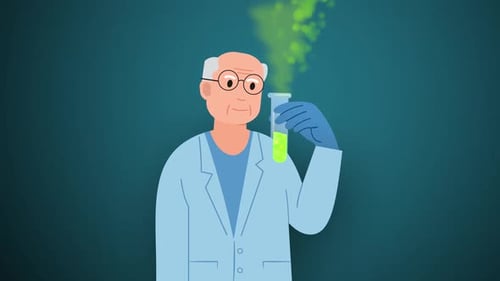 Animated Scientist Holds Test Tube with Chemical Fumes