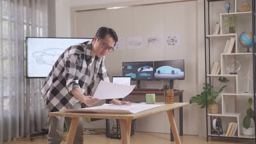 Asian Male Organizing Papers While Working About Car Design Sketch On Table In The Studio