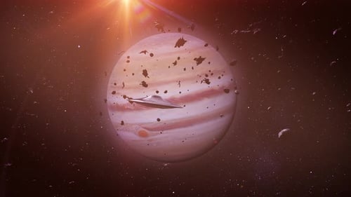 UFO Flying Past Jupiter With Asteroids In Space