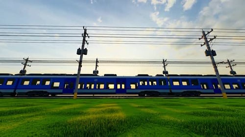 Green Train Moving Fast In The Sunset