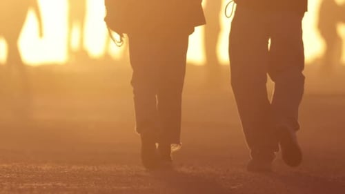 People Walking on Beach at Sunset in Golden Light